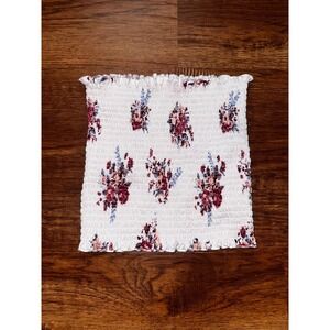 Hot Kiss Floral Smocked Tube Top White Burgundy Strapless Lettuce Edge Medium